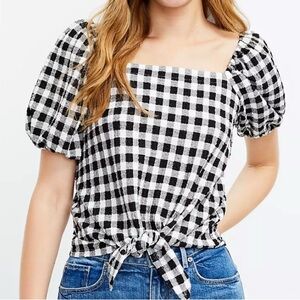 LOFT NWT Gingham Square Neck Tie Front Top, Black And White, Size Medium